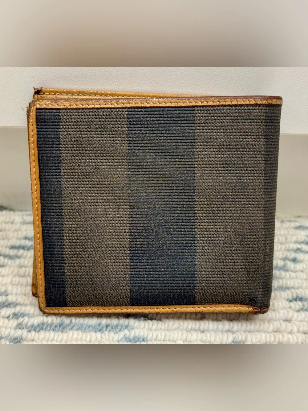 FENDI Vintage 80’s Unisex Classic Pequin Striped Canvas Brown Leather Bi Wallet - Picture 2 of 16
